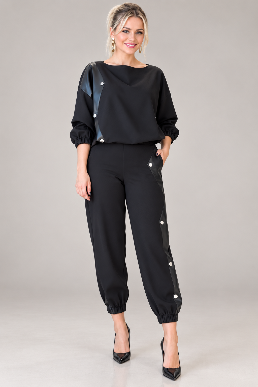 Faux Leather Panel Top&Jogger Pants Two Piece Set