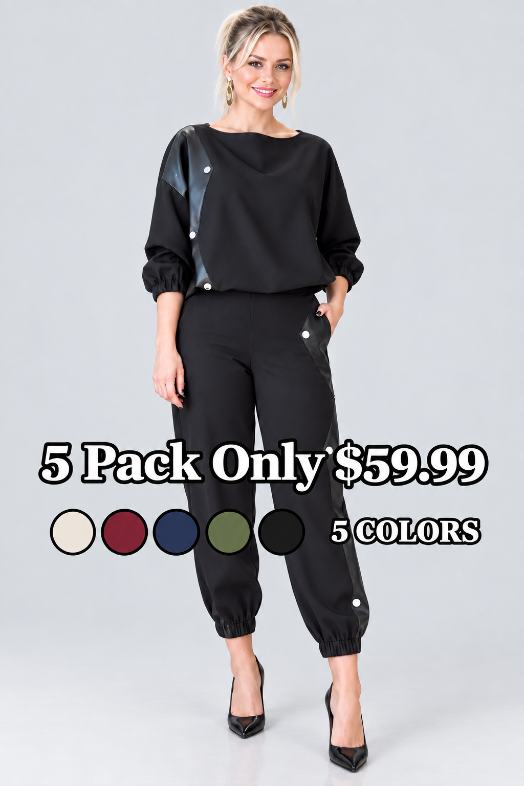 Faux Leather Panel Top&Jogger Pants Two Piece Set