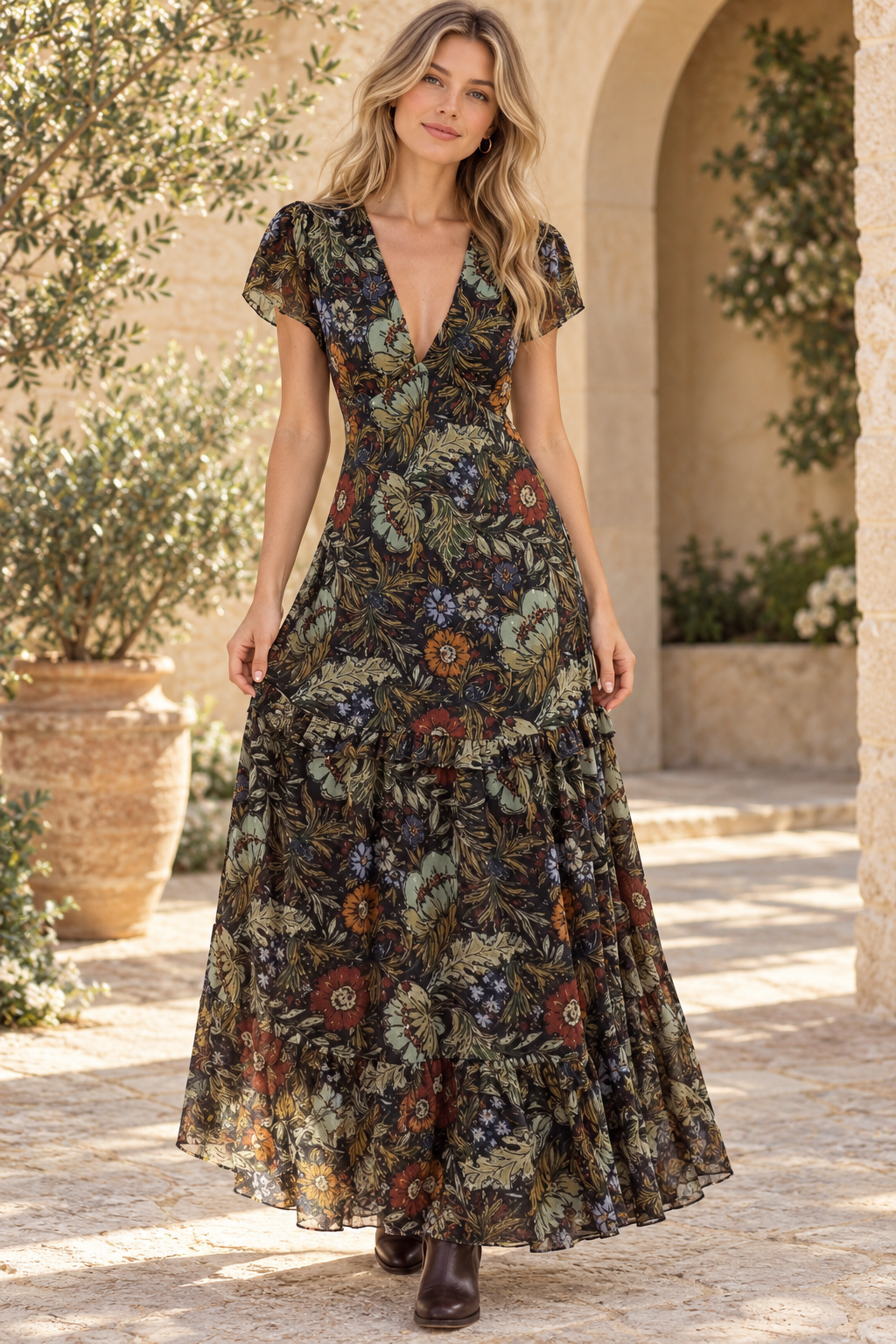 Floral V Neck Short Sleeve Tiered Maxi Dress