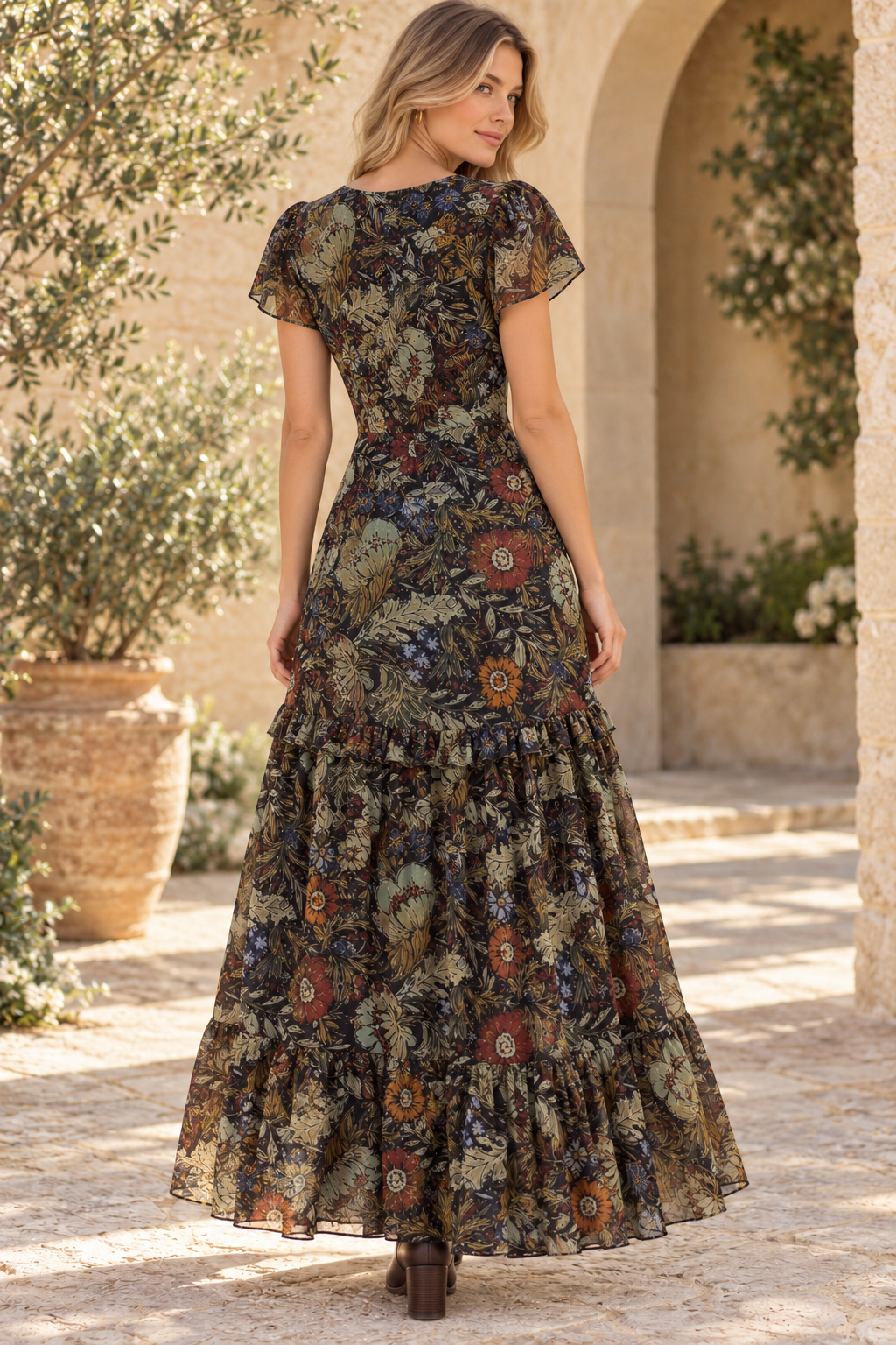 Floral V Neck Short Sleeve Tiered Maxi Dress