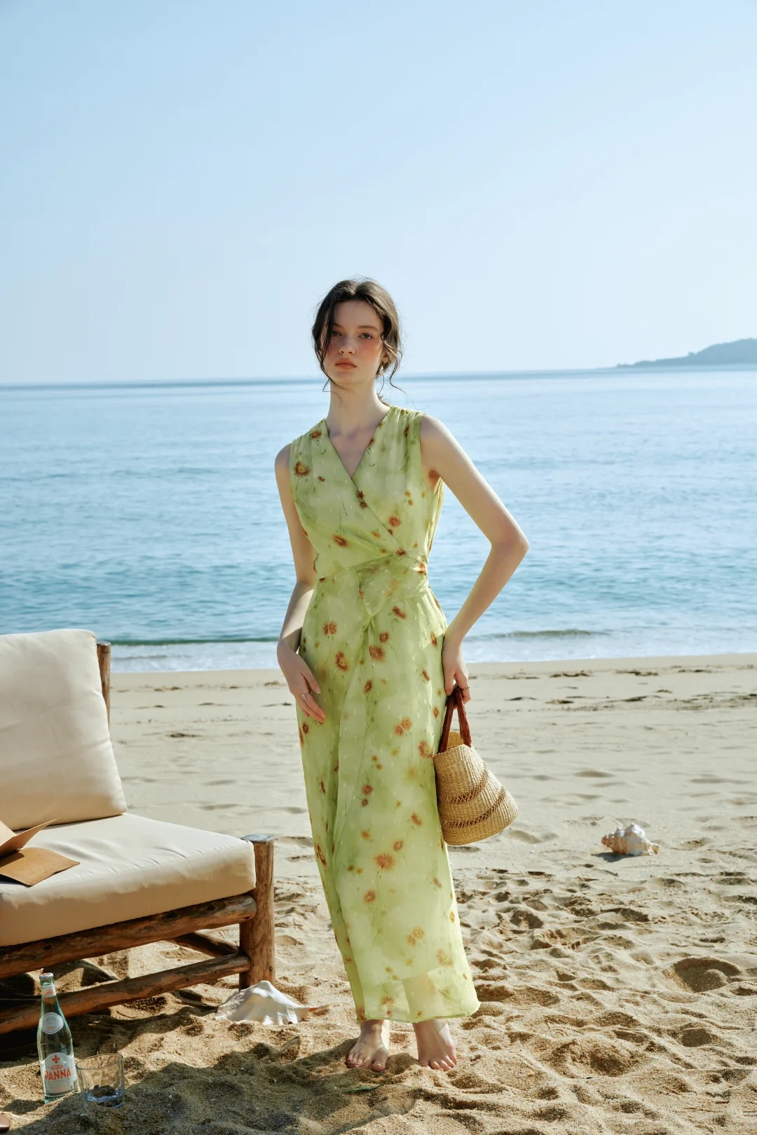 Floral Green V-Neck Sleeveless Fitted Waist Long Dress