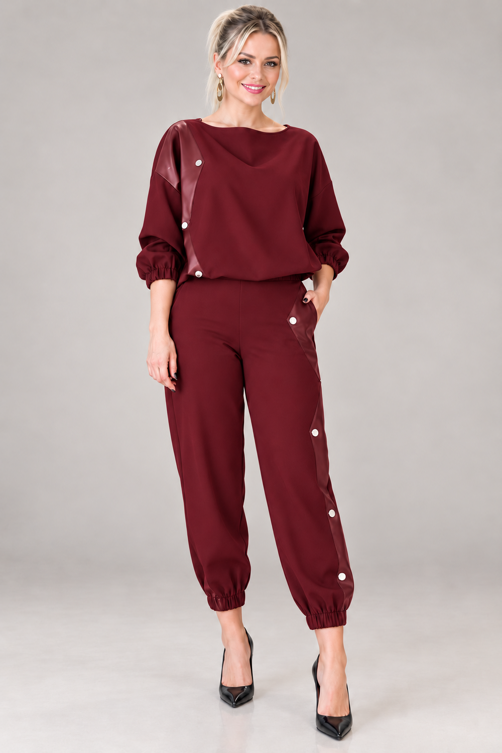 Faux Leather Panel Top&Jogger Pants Two Piece Set