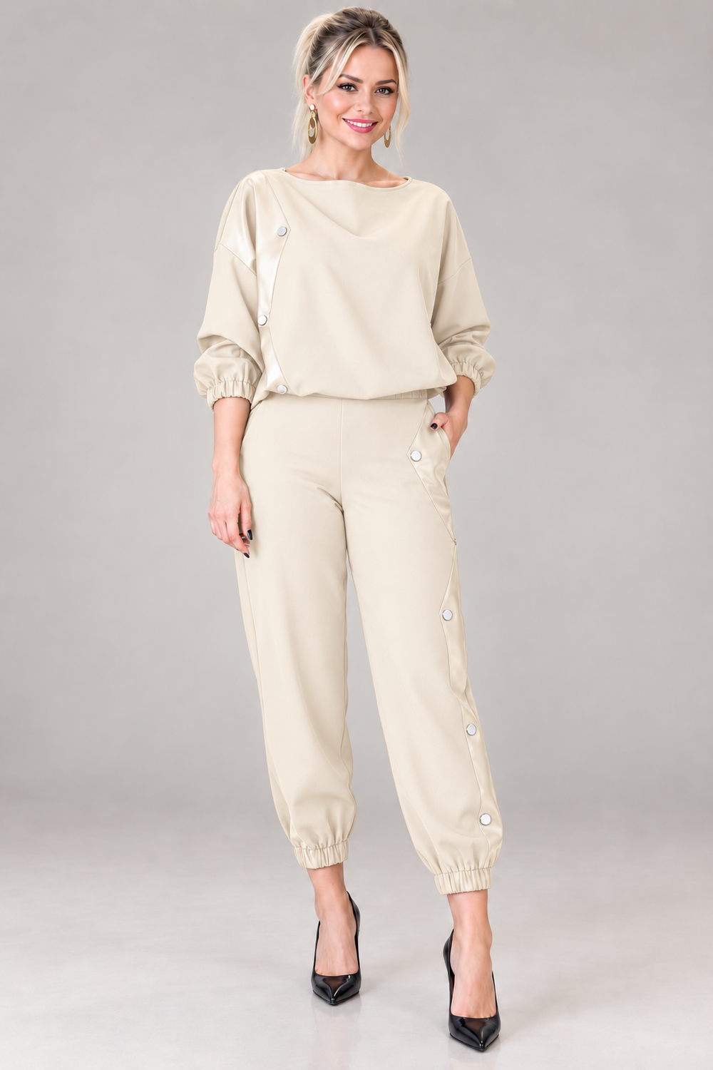 Faux Leather Panel Top&Jogger Pants Two Piece Set