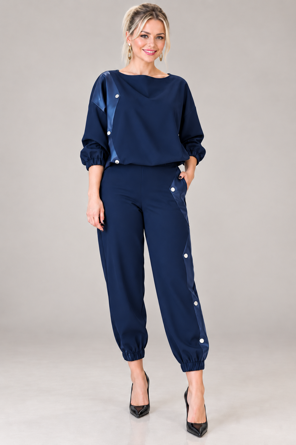 Faux Leather Panel Top&Jogger Pants Two Piece Set