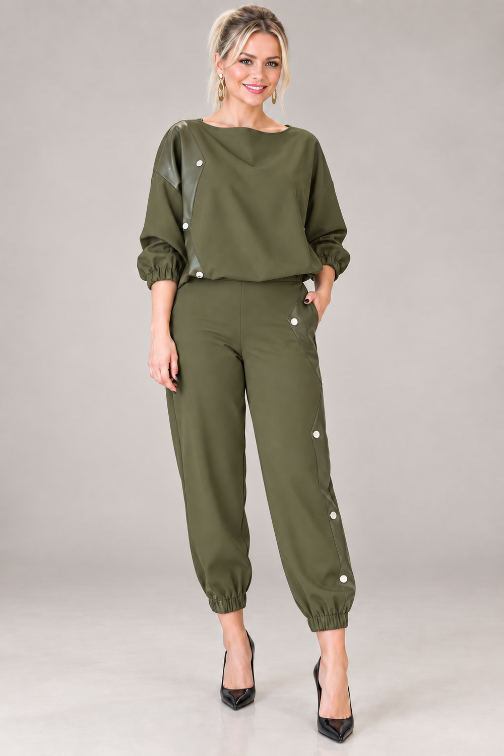 Faux Leather Panel Top&Jogger Pants Two Piece Set
