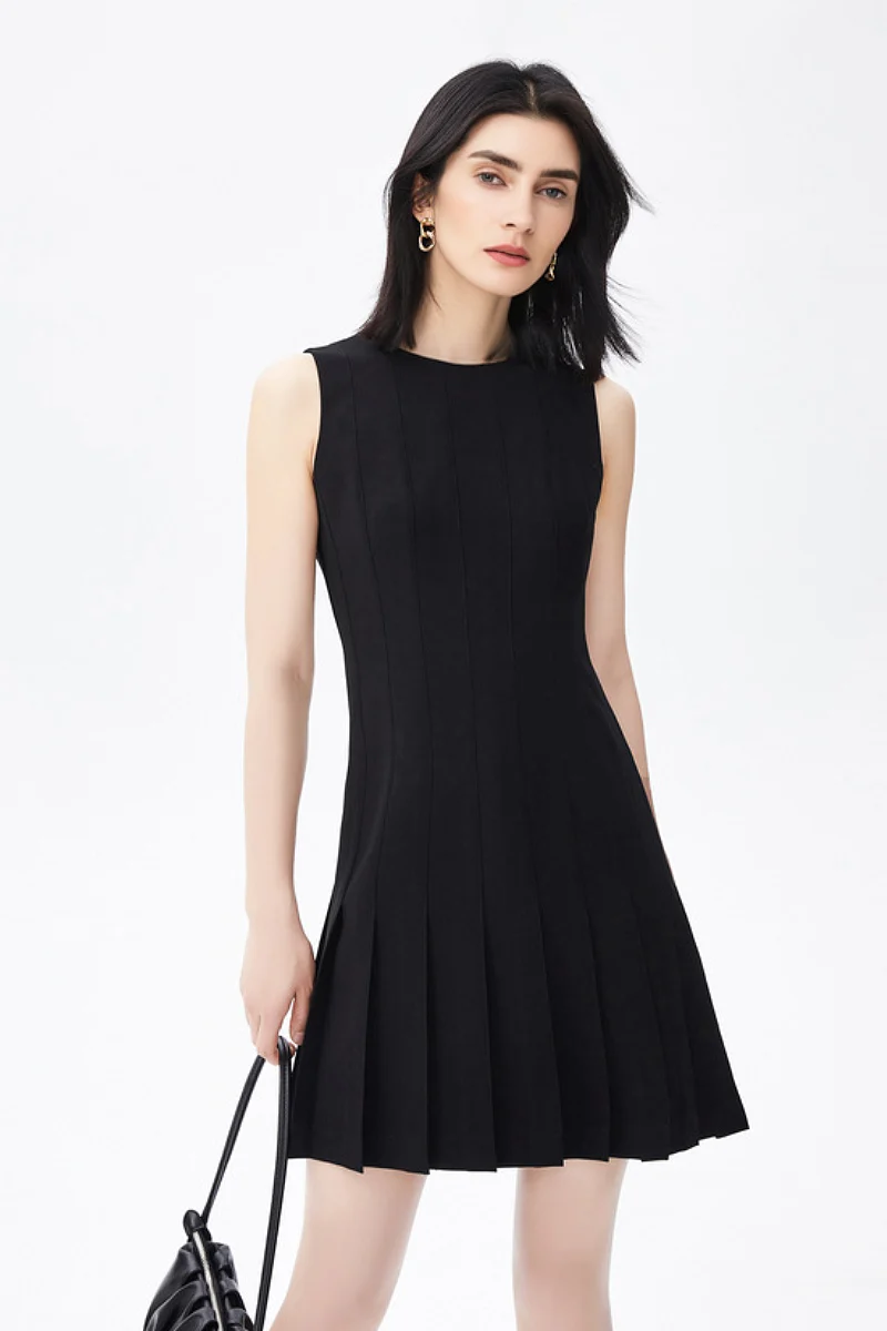 Black Pleated Sleeveless A-Line Mini Dress in Triacetate