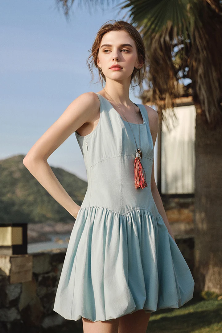 Baby Blue 100 Cotton Sleeveless Scoop-Neck Bubble Mini Dress