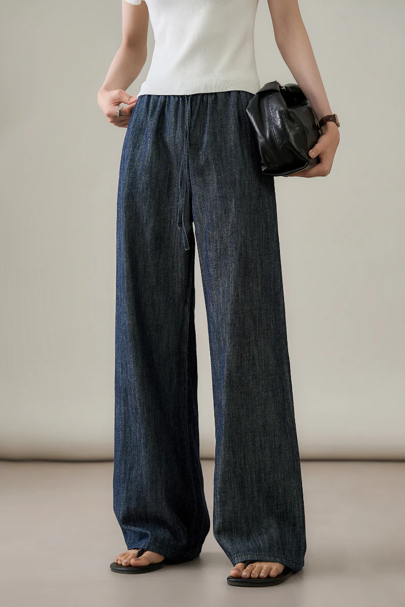 Denim Pull-On Wide-Leg Drawstring Jeans