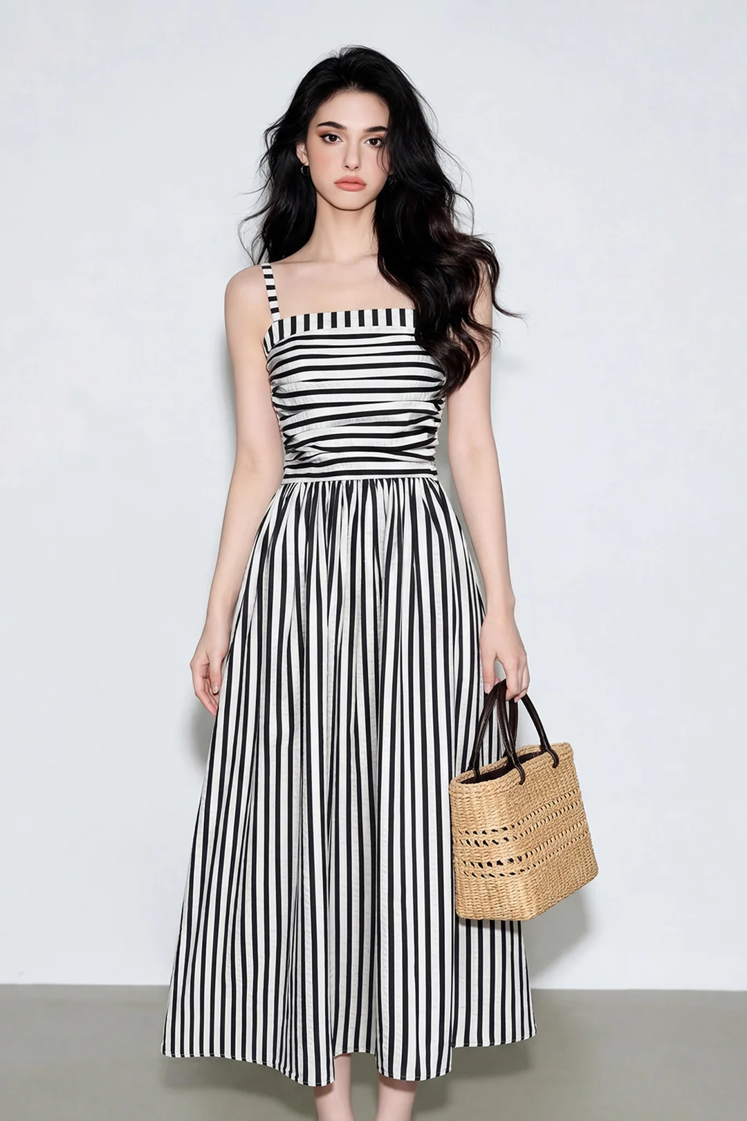Black & White Spaghetti Strap Fit & Flare Maxi Dress