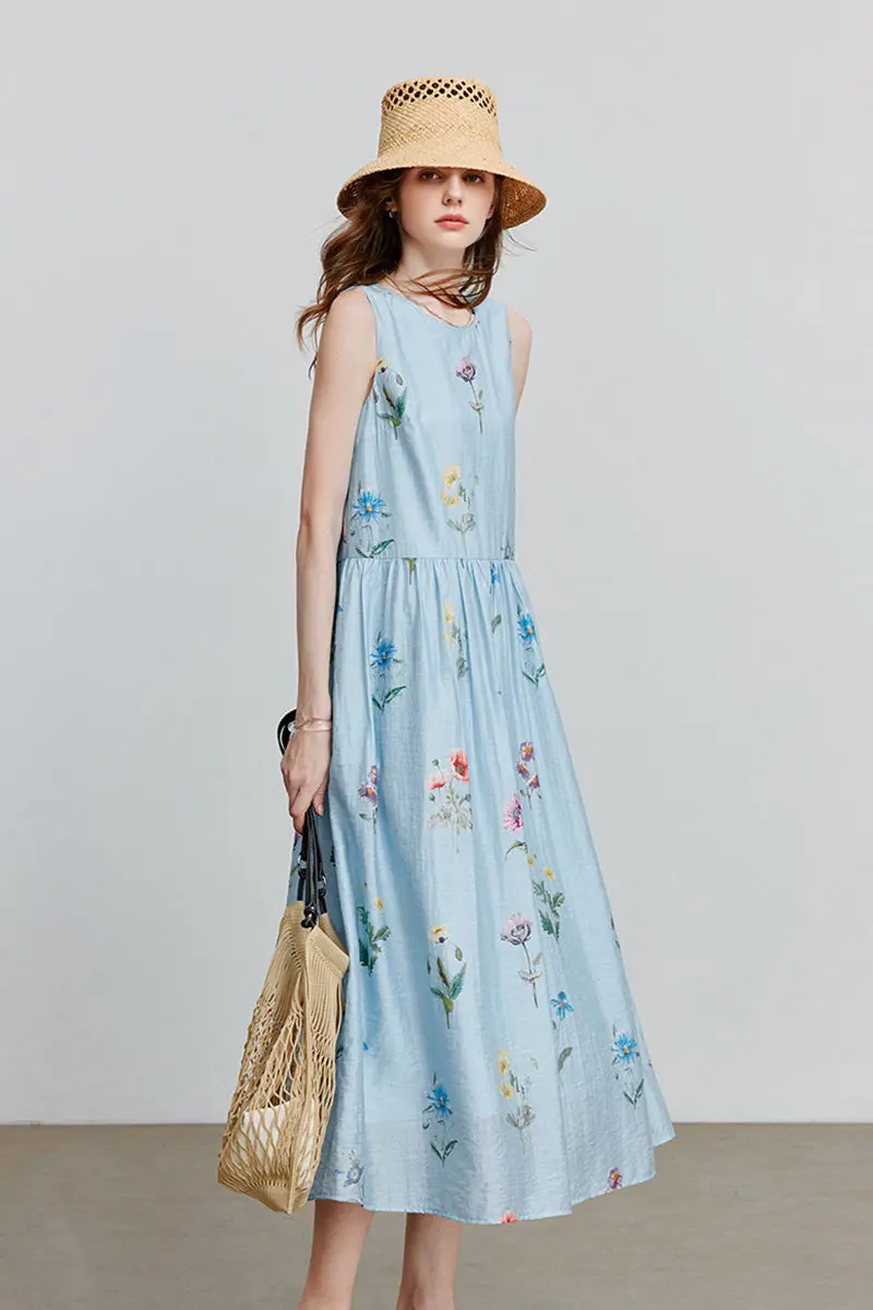 Blue Floral Linen Sleeveless Fit & Flare Midi Dress