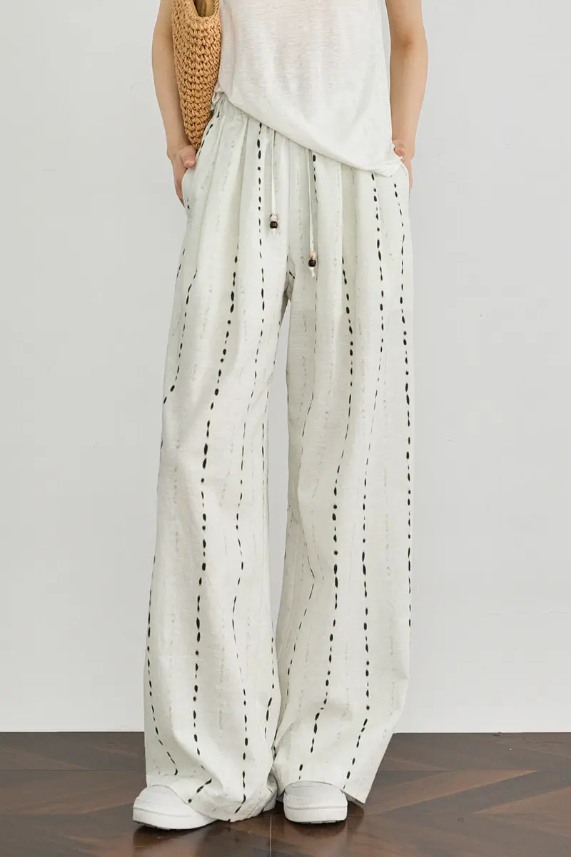 100 European Linen Striped Wide-Leg Drawstring Pants