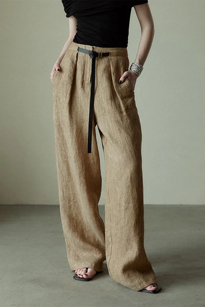 100% Linen Wide-Leg High Waist Pants with Belt