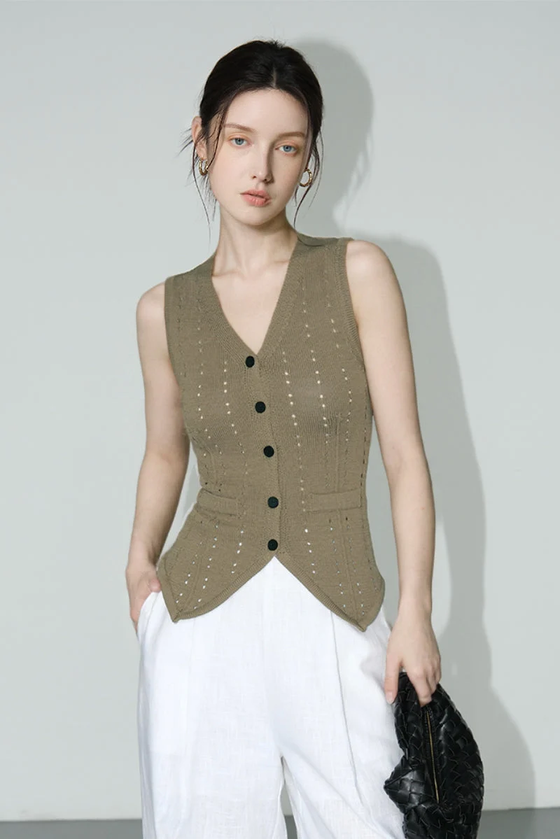 Fitted Crochet Knit V-Neck Sweater Vest