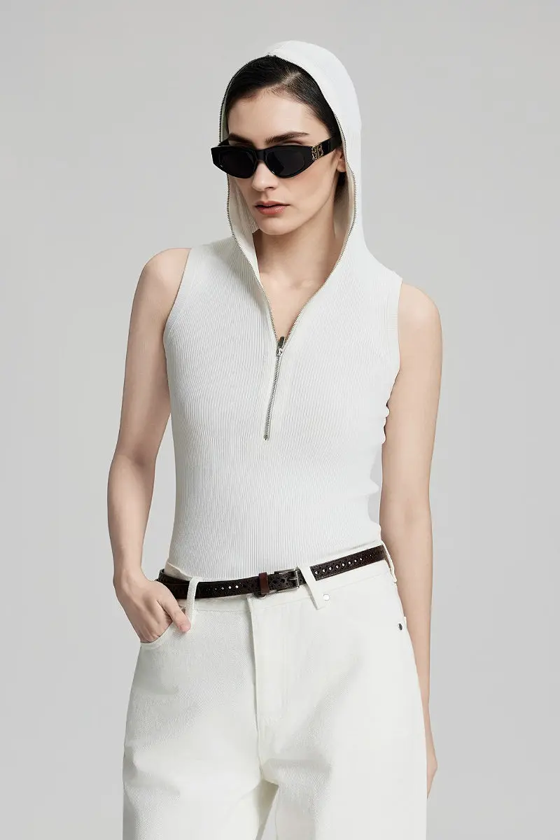 Fine-Knit Hooded Half-Zip Vest