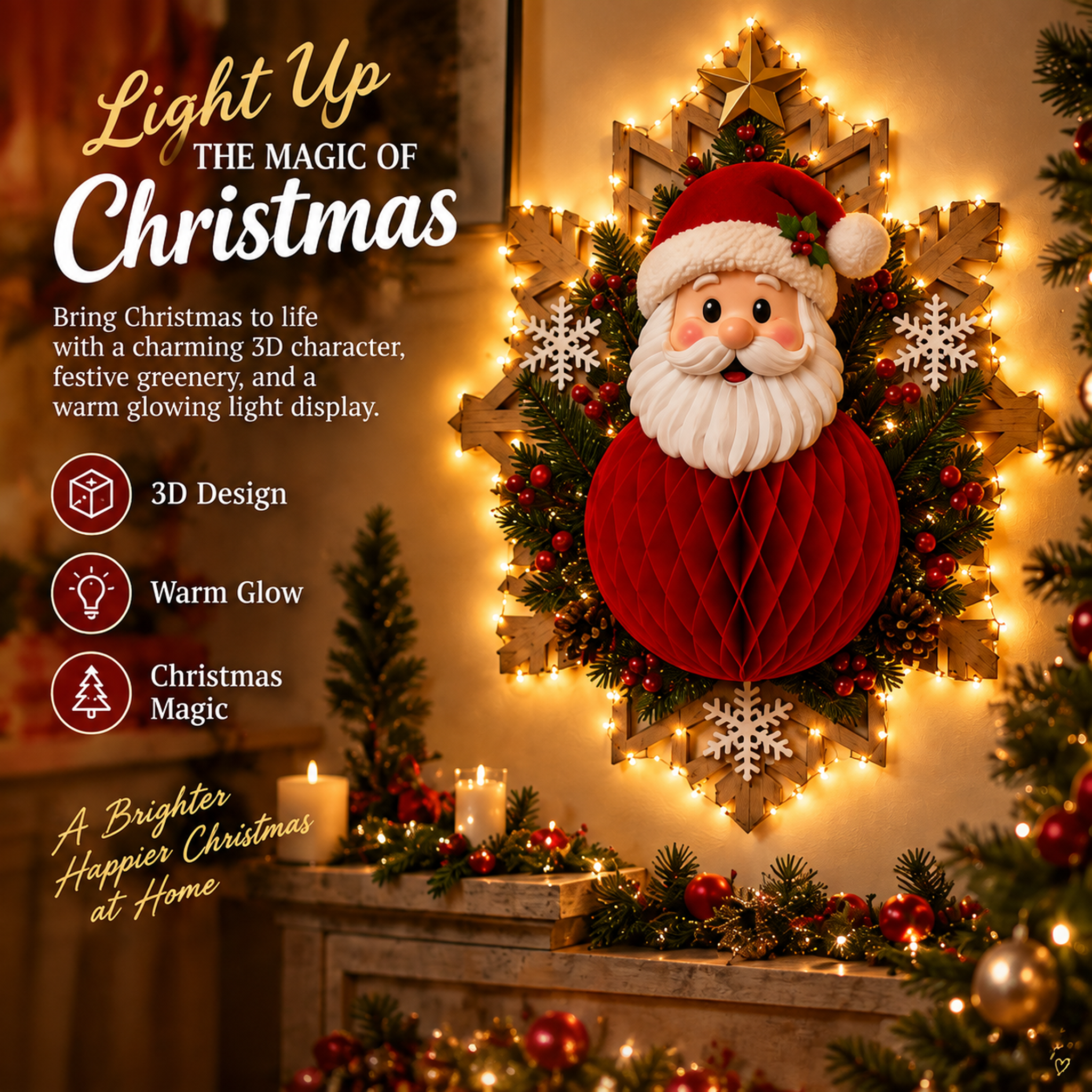🎅 Christmas Honeycomb Wall Décor With LED string lights