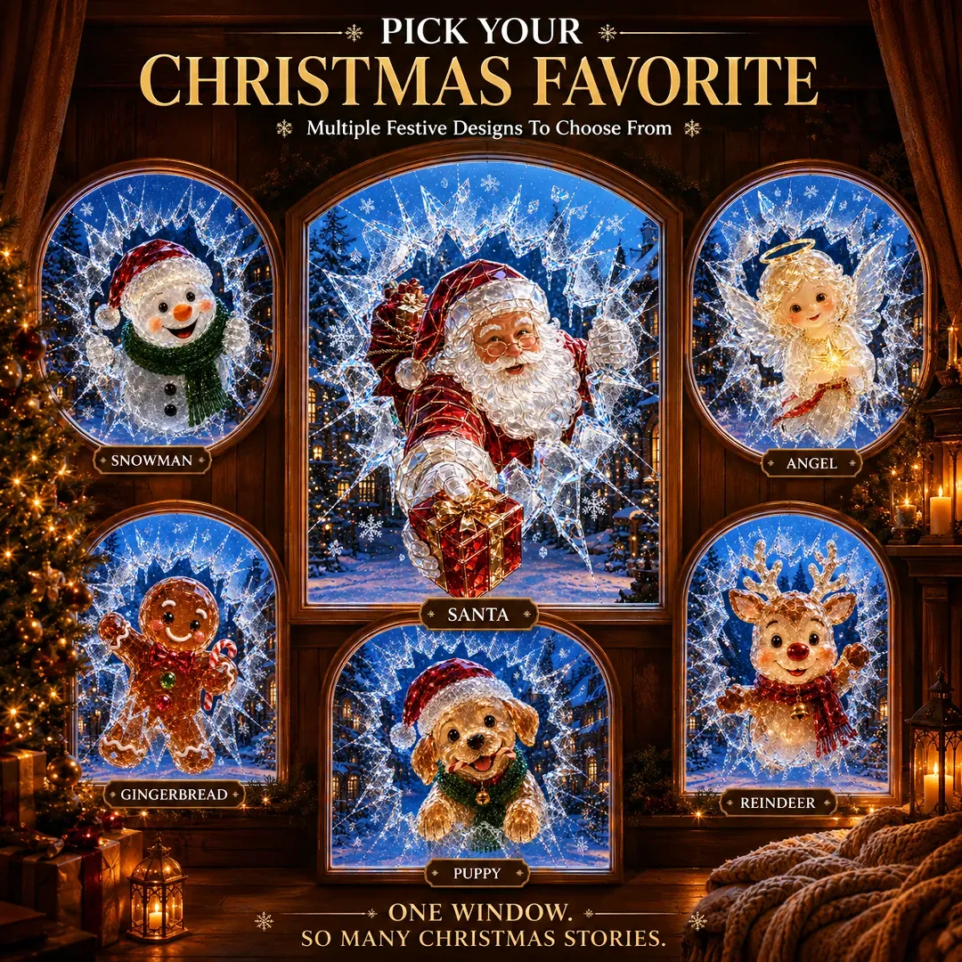 🔥Last Day 49% OFF -🎄Crystal Christmas Break-In Window Decal | 3D Shattered Glass Illusion with Sparkling Holiday Characters for Magical Window Decorations ✨🎅