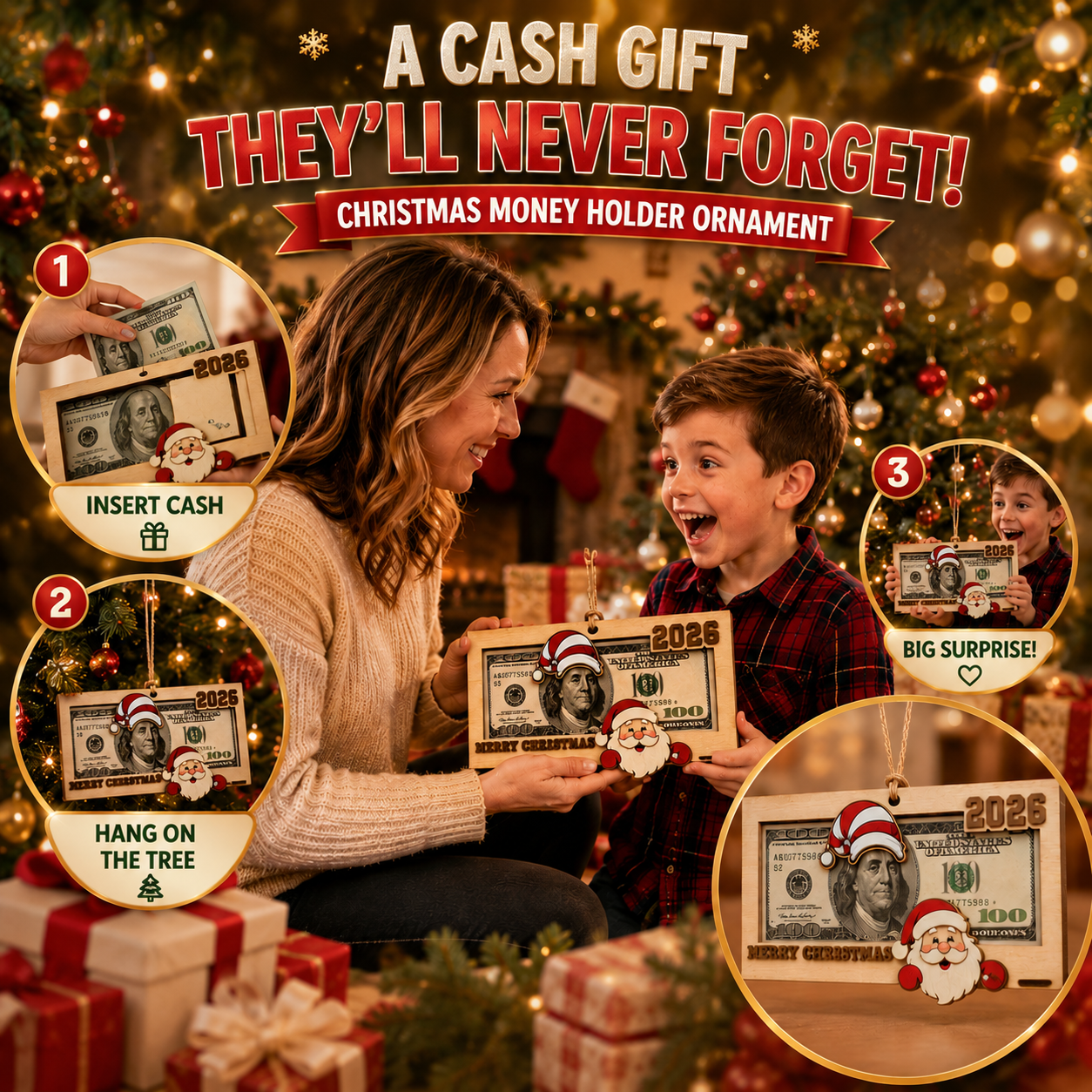 🔥Last Day 49% OFF- Wooden Christmas Money Holder Ornament – 2026 Cash Gift Frame with Festive Characters