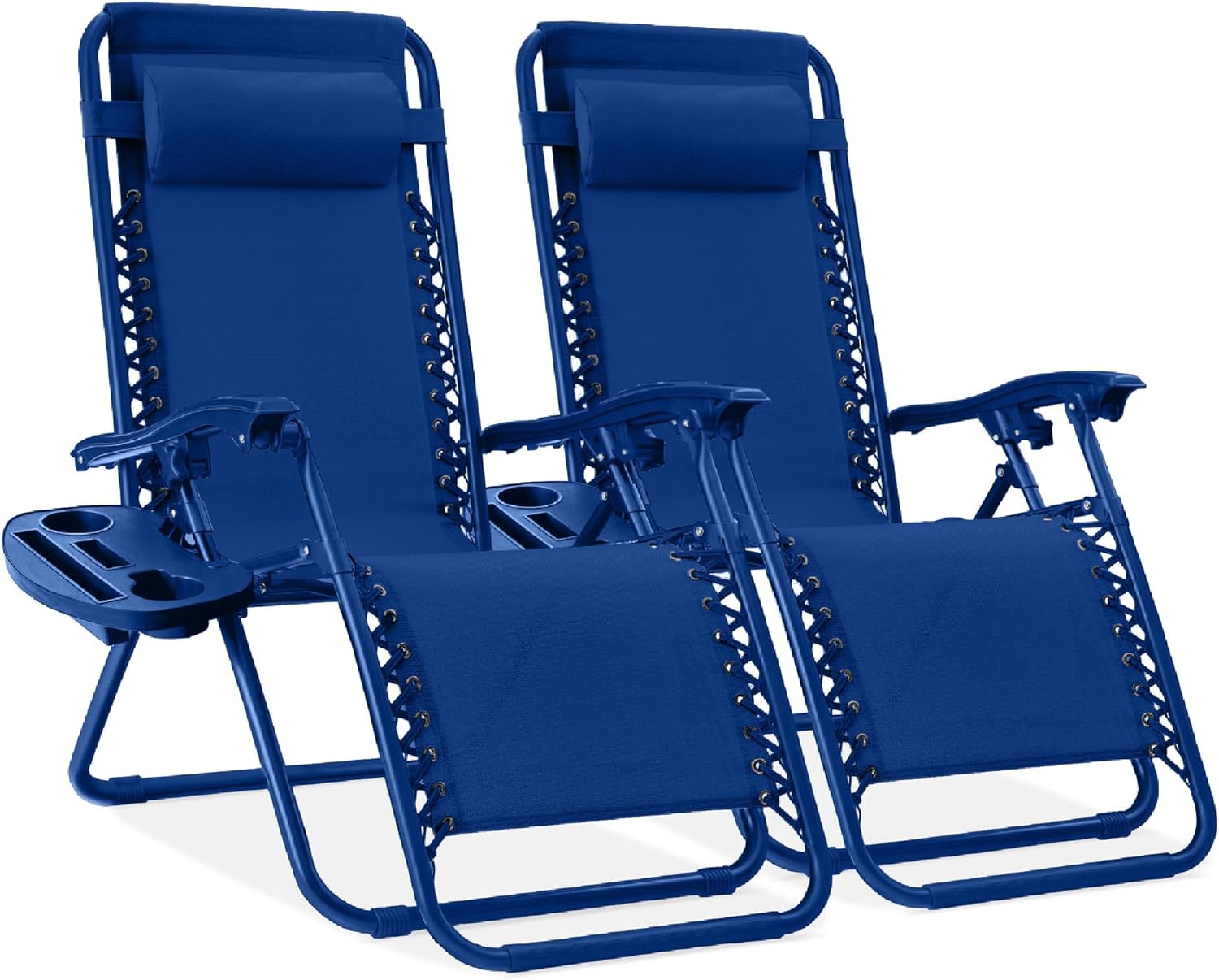 Best Choice Products Set of 2 Adjustable Steel Mesh Zero Gravity Lounge Chair Recliners w/Pillows and Cup Holder Trays - Navy Blue