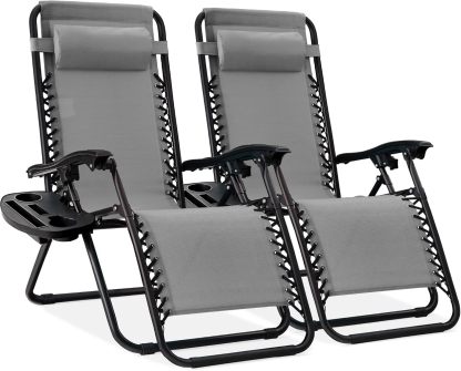 Best Choice Products Set of 2 Adjustable Steel Mesh Zero Gravity Lounge Chair Recliners w/Pillows and Cup Holder Trays - Navy Blue