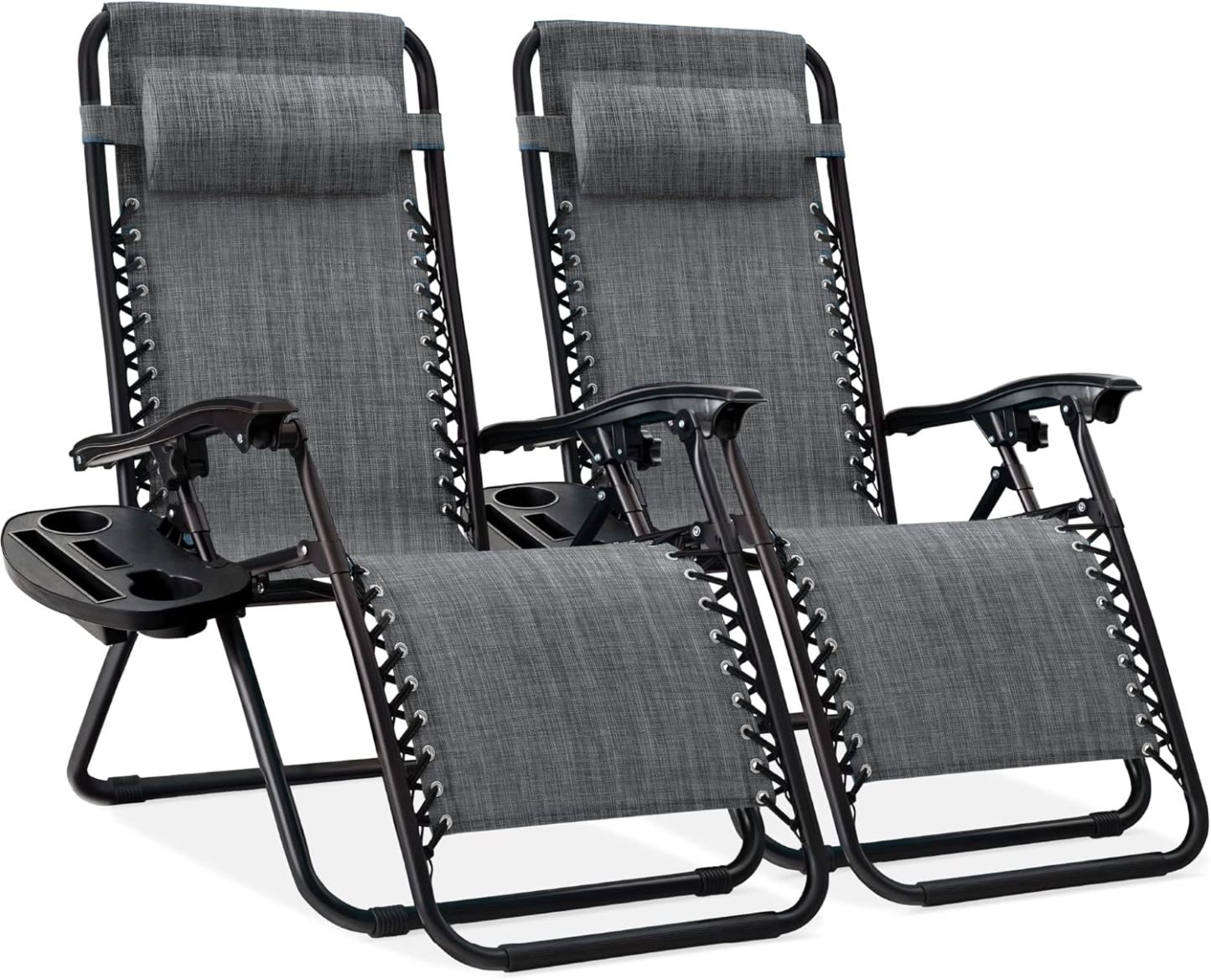 Best Choice Products Set of 2 Adjustable Steel Mesh Zero Gravity Lounge Chair Recliners w/Pillows and Cup Holder Trays - Navy Blue
