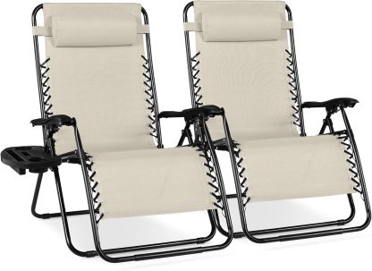 Best Choice Products Set of 2 Adjustable Steel Mesh Zero Gravity Lounge Chair Recliners w/Pillows and Cup Holder Trays - Navy Blue