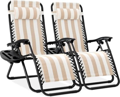 Best Choice Products Set of 2 Adjustable Steel Mesh Zero Gravity Lounge Chair Recliners w/Pillows and Cup Holder Trays - Navy Blue