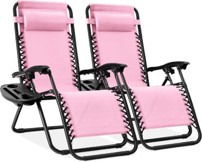 Best Choice Products Set of 2 Adjustable Steel Mesh Zero Gravity Lounge Chair Recliners w/Pillows and Cup Holder Trays - Navy Blue
