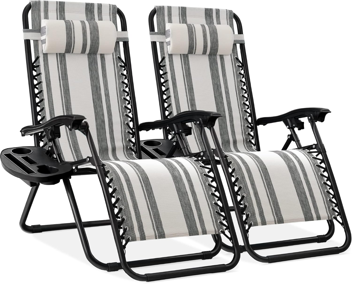 Best Choice Products Set of 2 Adjustable Steel Mesh Zero Gravity Lounge Chair Recliners w/Pillows and Cup Holder Trays - Navy Blue