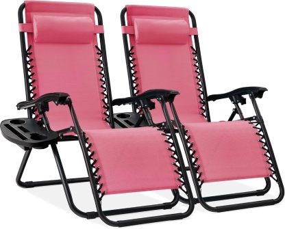 Best Choice Products Set of 2 Adjustable Steel Mesh Zero Gravity Lounge Chair Recliners w/Pillows and Cup Holder Trays - Navy Blue