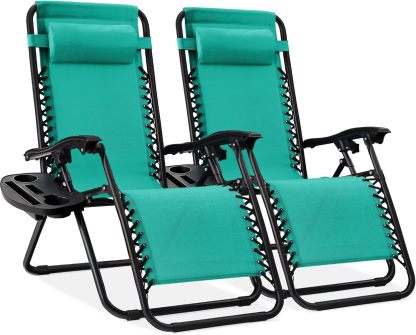Best Choice Products Set of 2 Adjustable Steel Mesh Zero Gravity Lounge Chair Recliners w/Pillows and Cup Holder Trays - Navy Blue