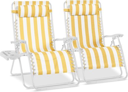 Best Choice Products Set of 2 Adjustable Steel Mesh Zero Gravity Lounge Chair Recliners w/Pillows and Cup Holder Trays - Navy Blue