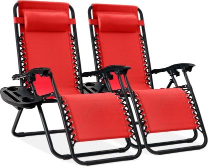 Best Choice Products Set of 2 Adjustable Steel Mesh Zero Gravity Lounge Chair Recliners w/Pillows and Cup Holder Trays - Navy Blue