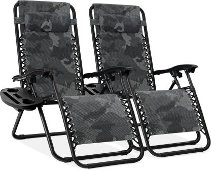 Best Choice Products Set of 2 Adjustable Steel Mesh Zero Gravity Lounge Chair Recliners w/Pillows and Cup Holder Trays - Navy Blue