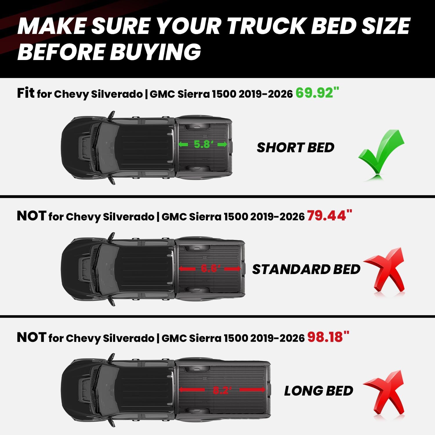 5.8ft Short Bed Fitment Chart for Silverado Sierra