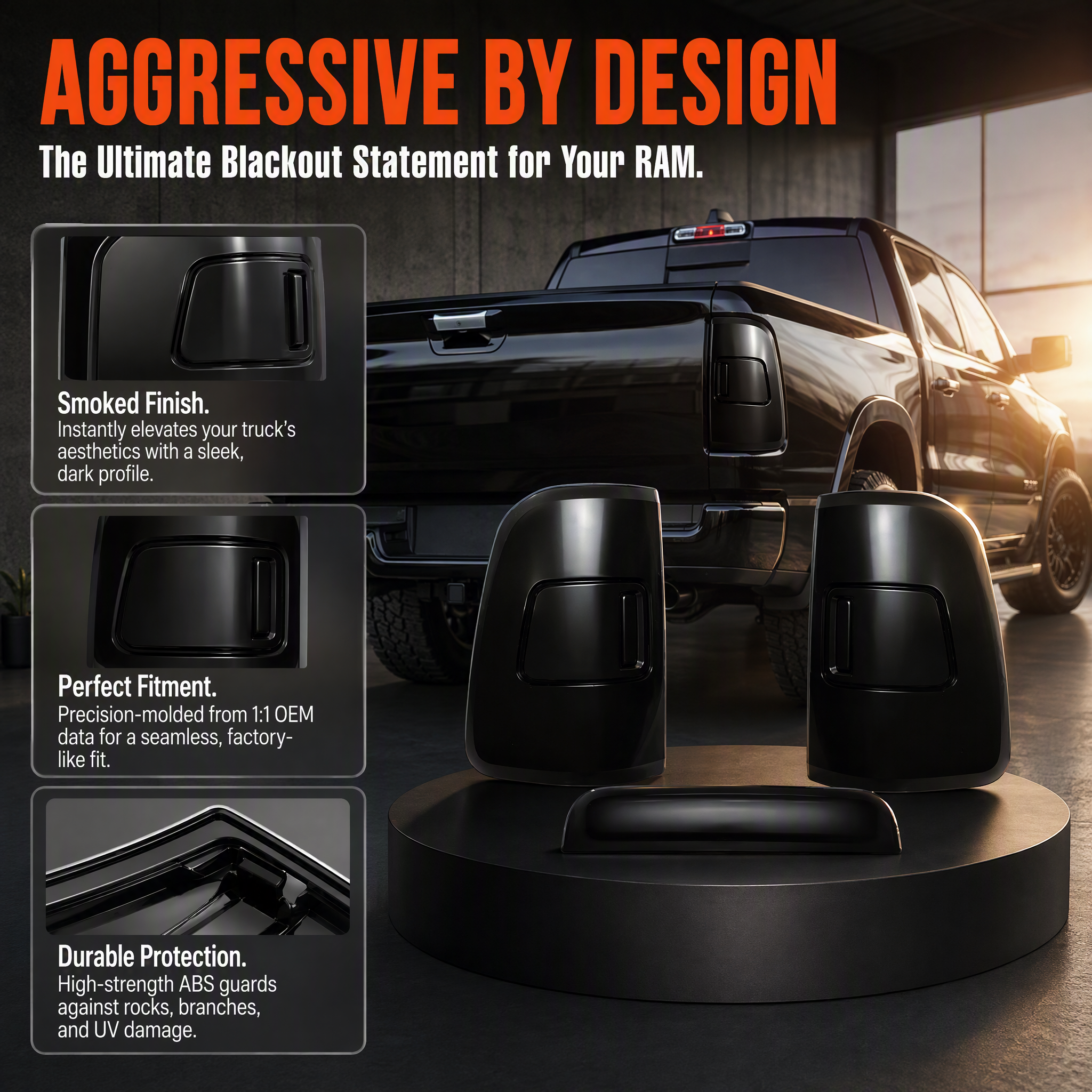 P370 Blackened Taillight Lamp Shell Cover Trim for Dodge RAM 2019-2025