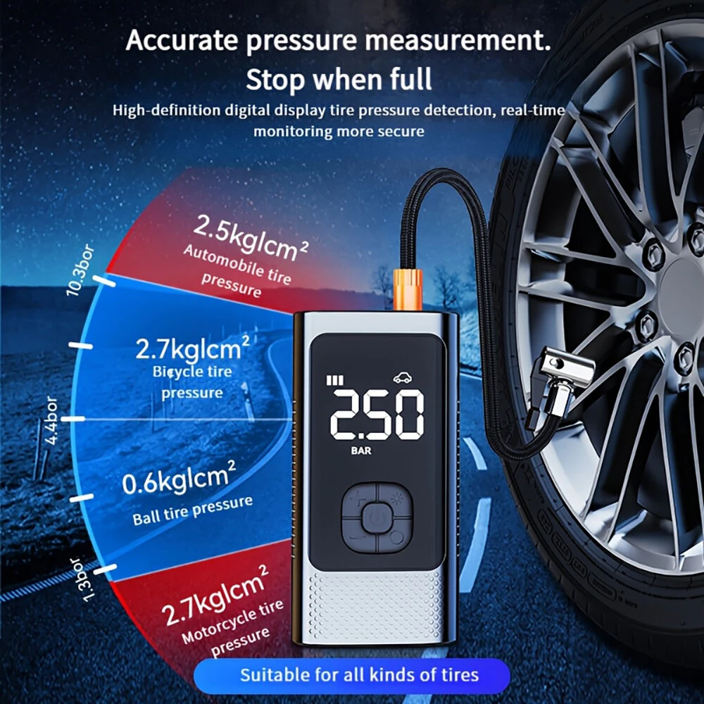 Cordless Car Air Pump Portable 80W Electric Car Tire Inflator Real-time Monitoring Air Inflation Machine with Dual Digital Display - Black