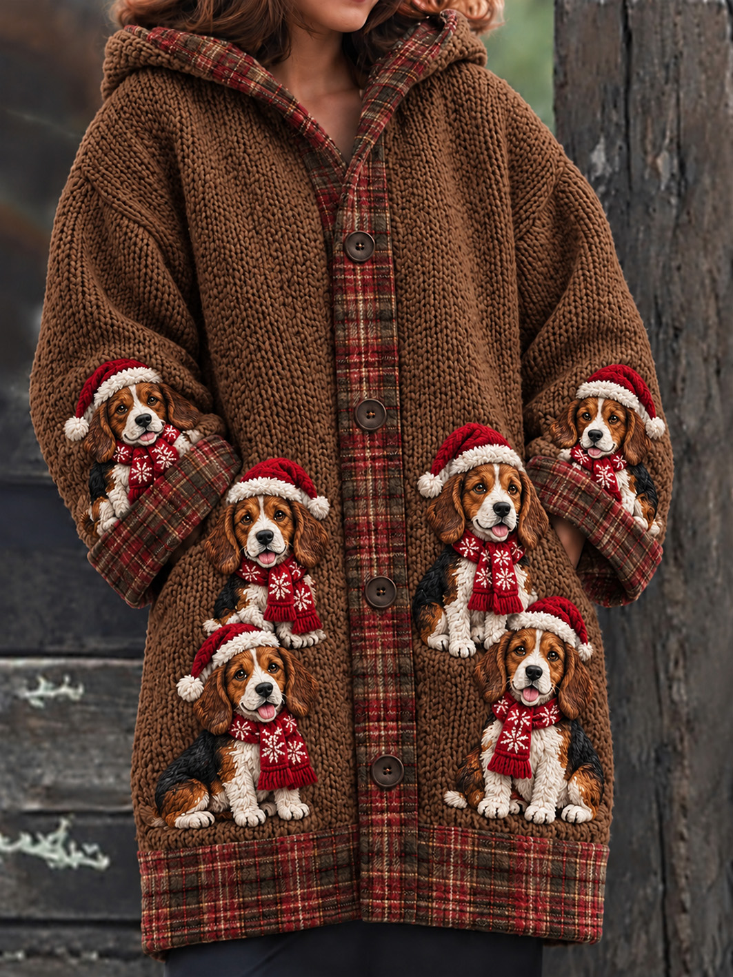 Women's Retro Christmas Beagles Pattern Composite Fleece Long Coat ...