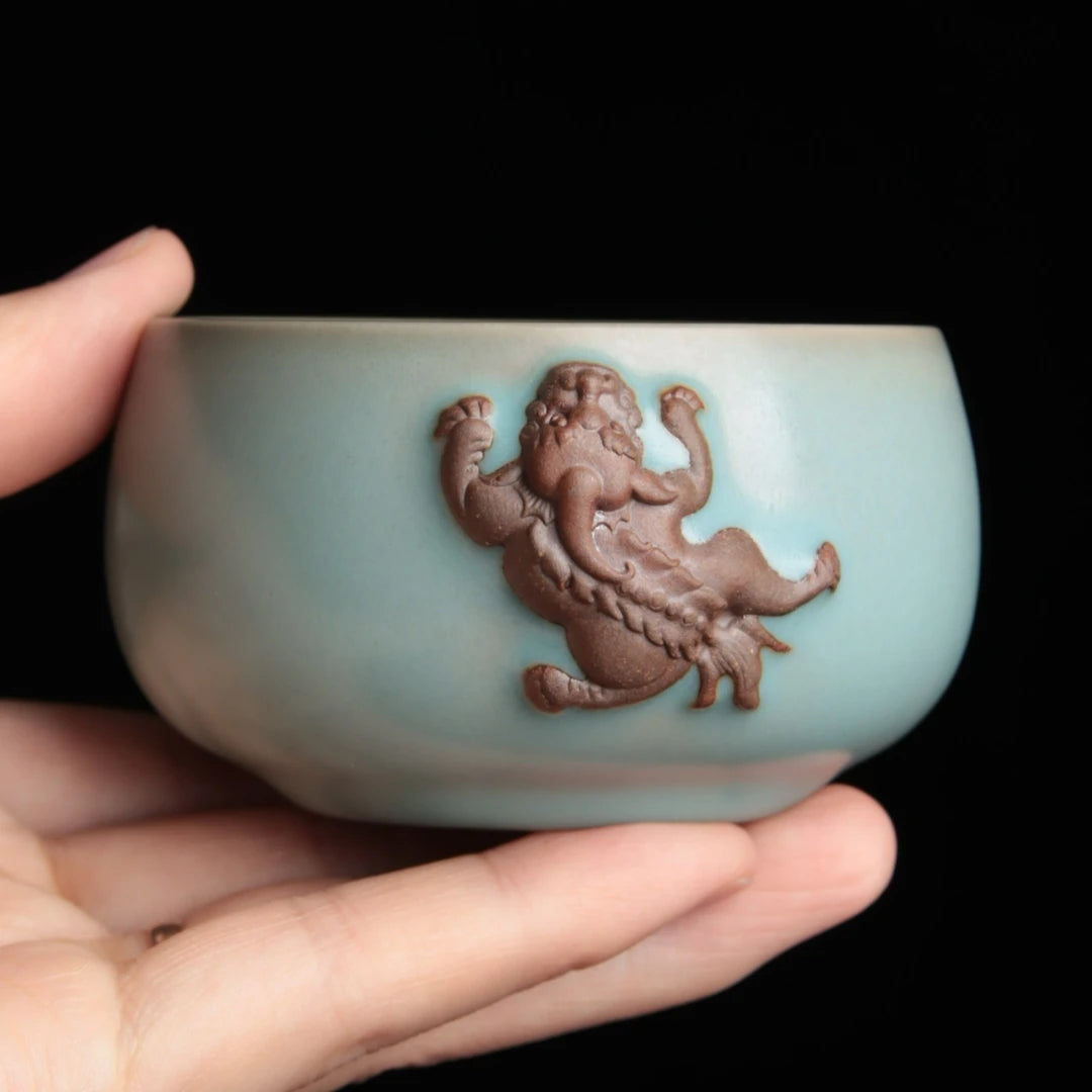 Kungfuyang Ru Porcelain Antique Finish Glaze Pixiu Teacup 120ml, product view 5