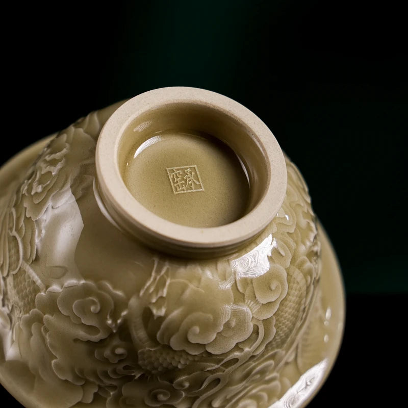 Kungfuyang Longquan Celadon Hand-Carved Dragon Relief Golden Glaze Teacup, product view 2