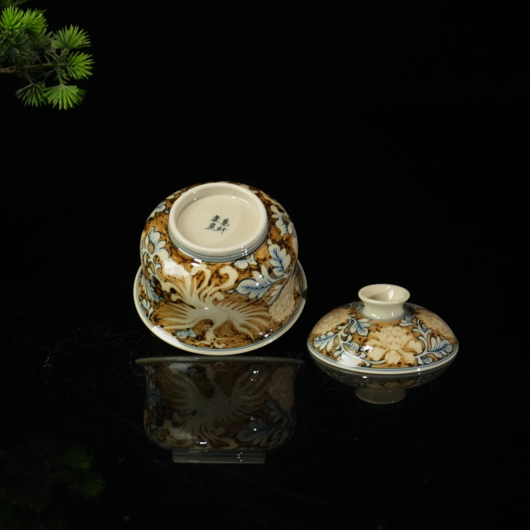Kungfuyang Jingdezhen Hand-Painted Underglaze Gold Phoenix Gaiwan 150ml, product view 3