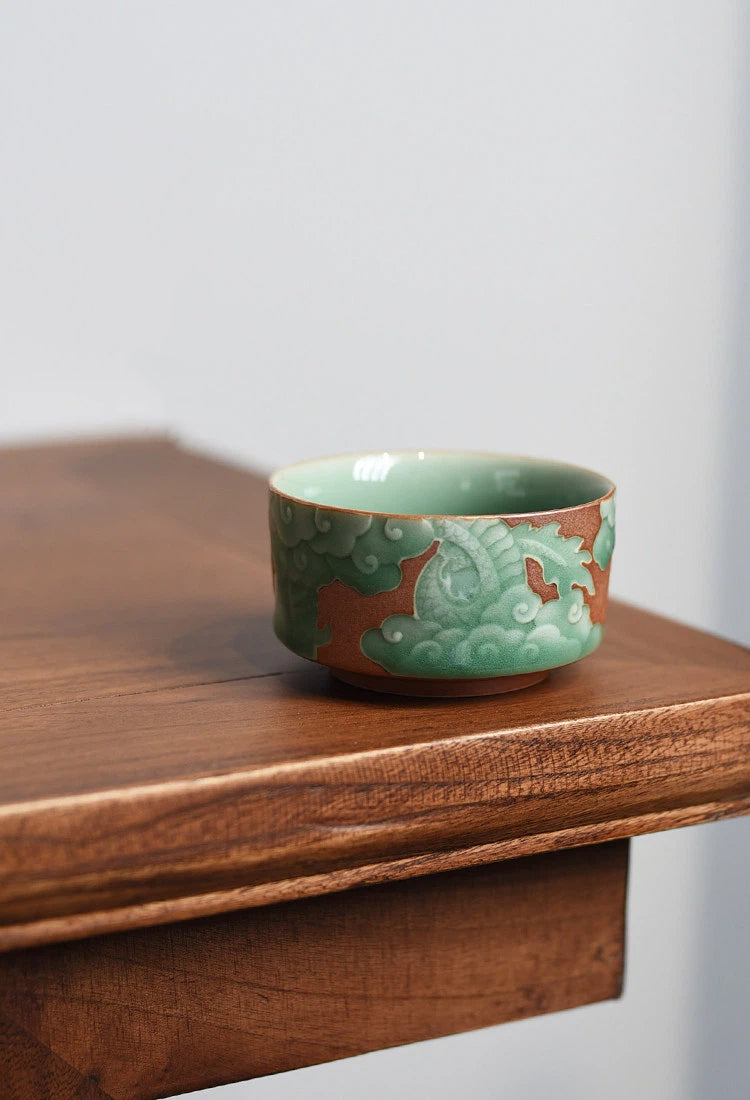 5r0c5y1ok – Longquan Celadon Teacup – Handmade Embossed Dragon Design by Kungfuyang