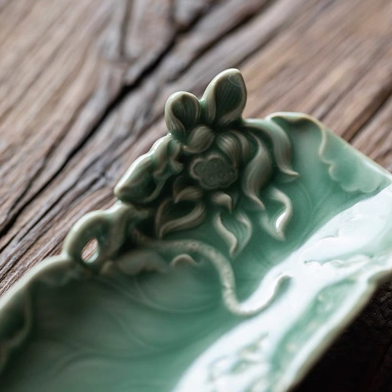 Kungfuyang Longquan Celadon Tea Holder with Hand Carved Lotus Pattern, product view 8