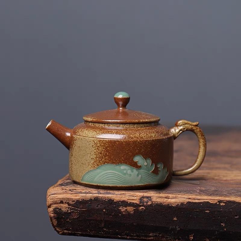 Kungfuyang Longquan Celadon Teapot in Plum Green with Plant Ash Glaze, product view 2