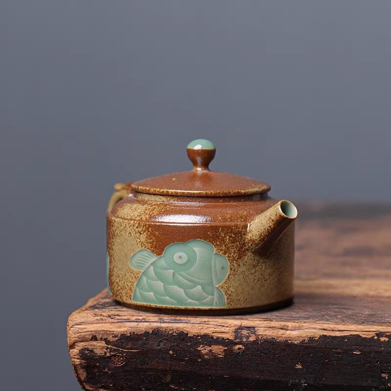 Kungfuyang Longquan Celadon Teapot in Plum Green with Plant Ash Glaze, product view 3
