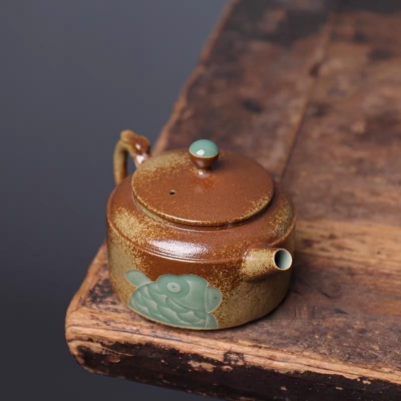 Kungfuyang Longquan Celadon Teapot in Plum Green with Plant Ash Glaze, product view 6
