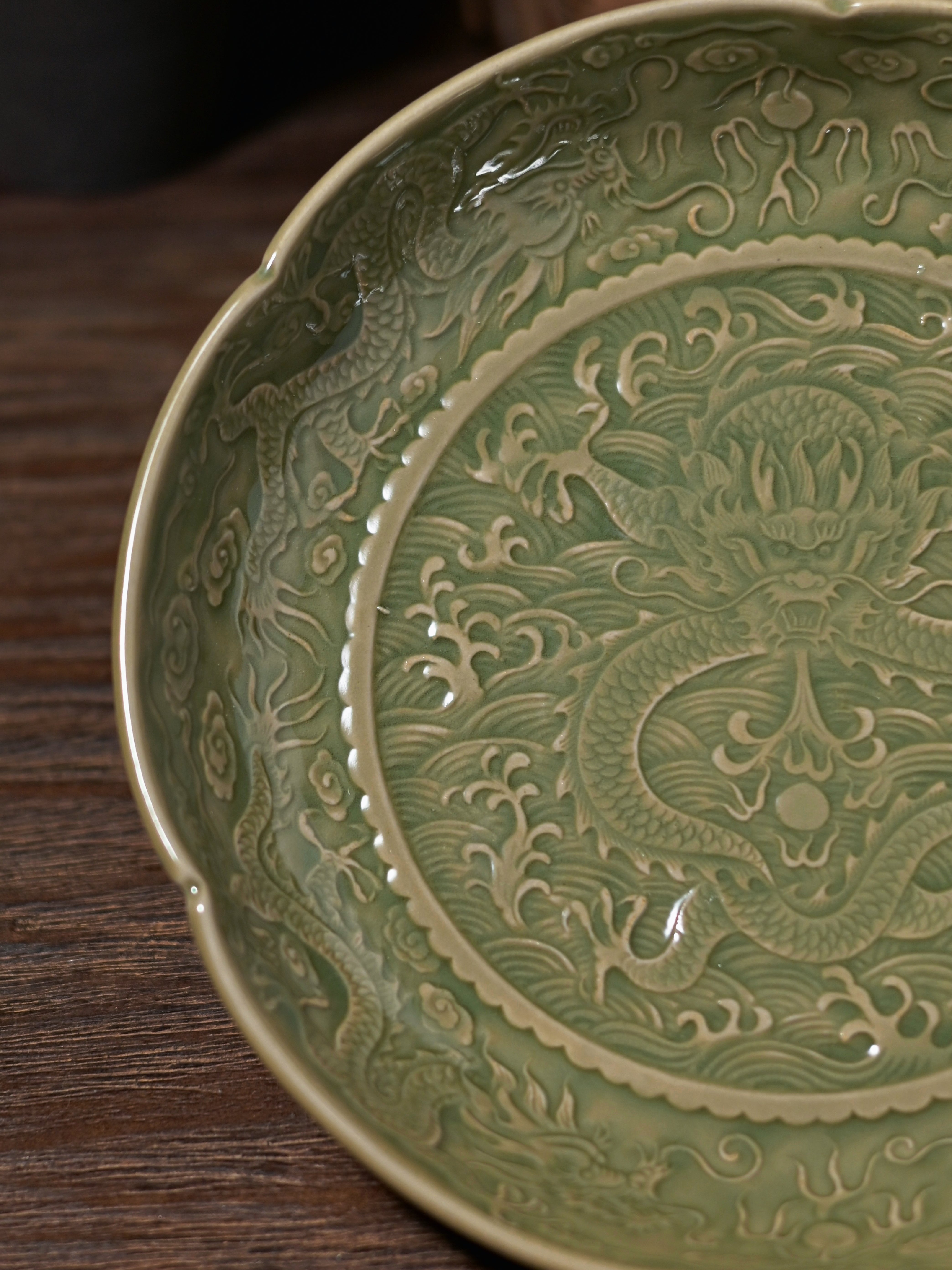 Kungfuyang Celadon Yaozhou Olive-Green Glaze Embossment Teapot Plate, product view 5