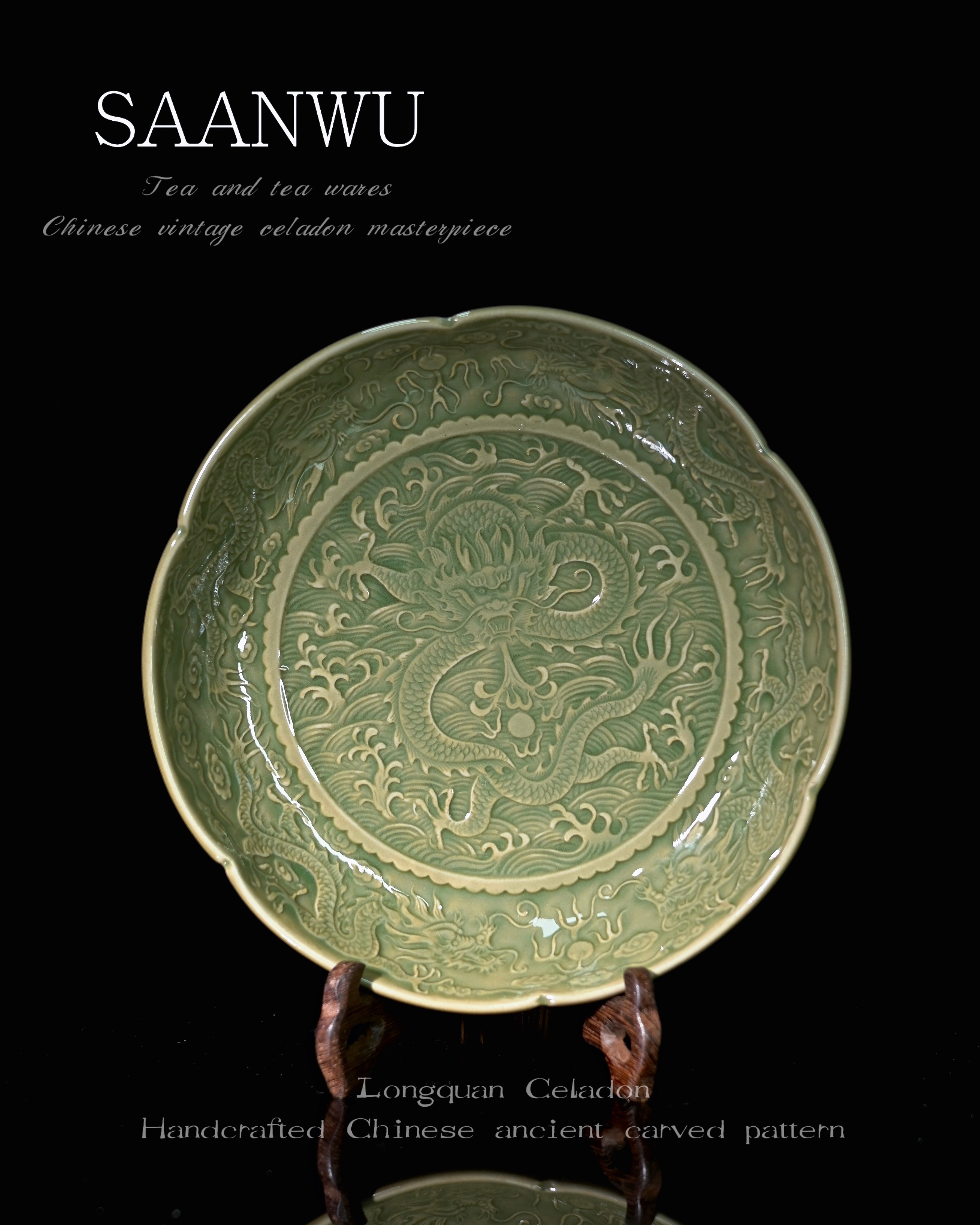 Kungfuyang Celadon Yaozhou Olive-Green Glaze Embossment Teapot Plate, product view 4