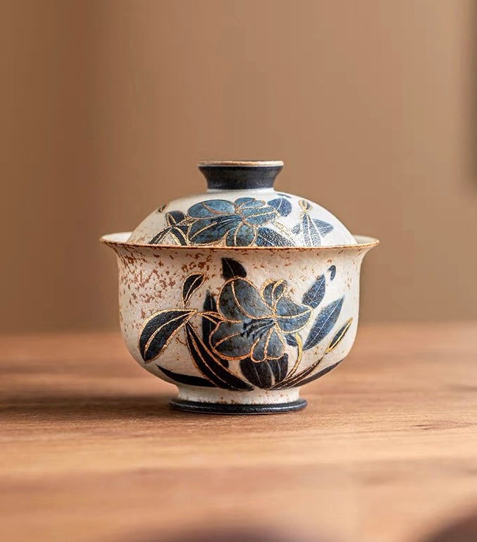 volcanic stone glaze hand painted gaiwan – Old Clay Blue-and-White Volcanic Stone Style Caramel Glaze by Kungfuyang