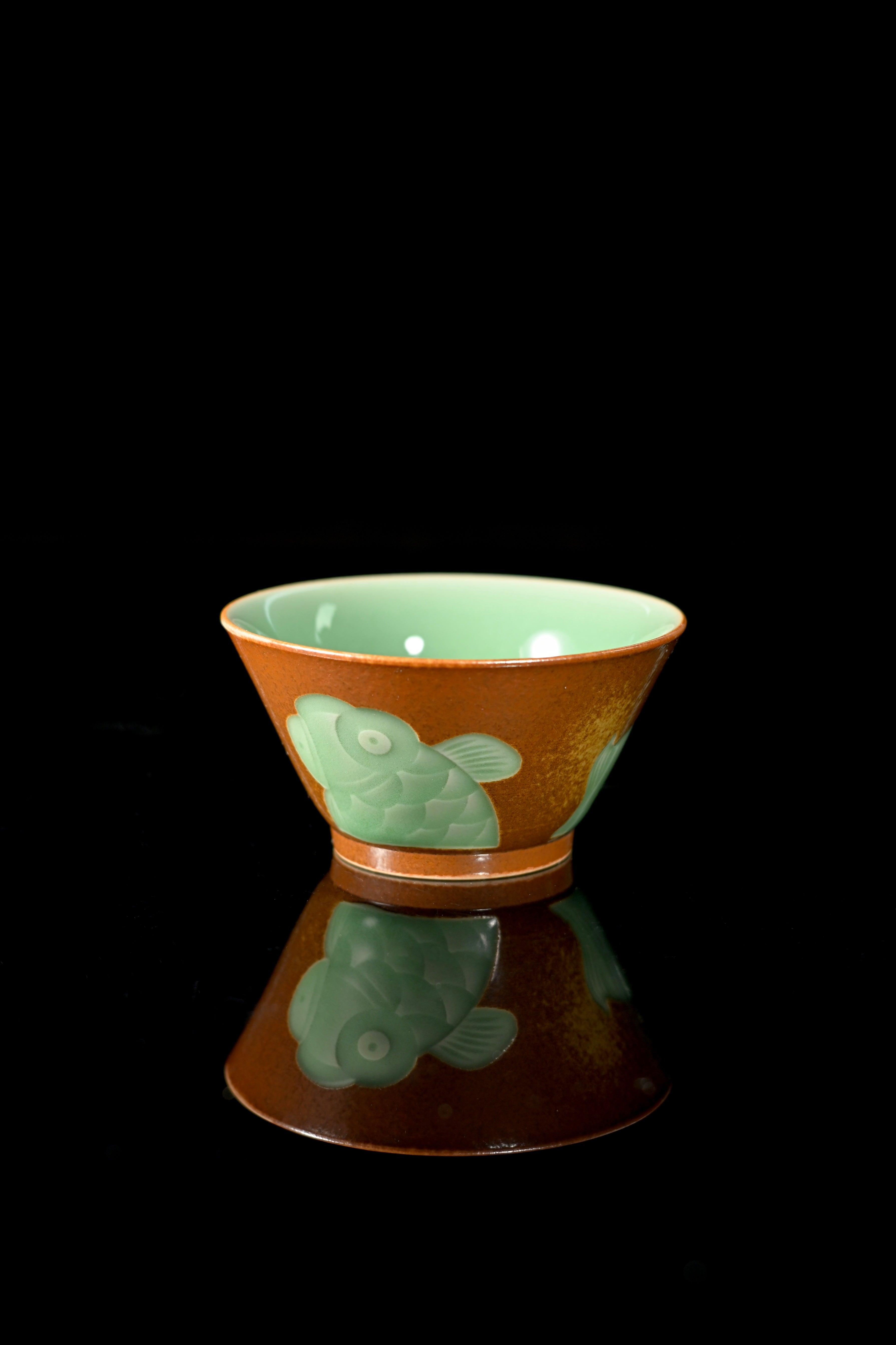 celadon goldfish puerh teacup – Longquan Celadon Ash and Plum Green Glaze Hand-Carved Fish by Kungfuyang