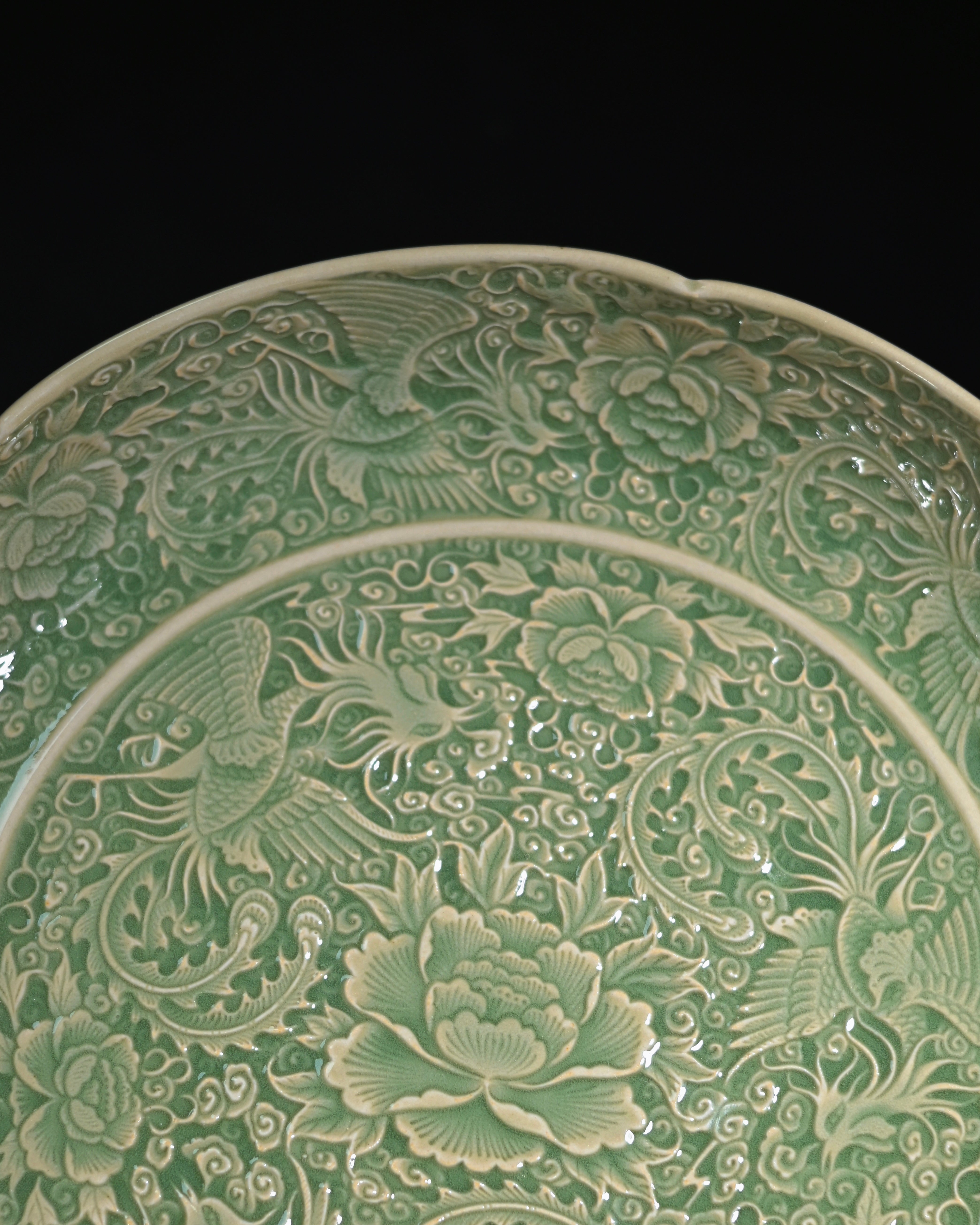 24cm yaozhou tea tray plate – Celadon Yaozhou Olive-Green Glaze Nine Phoenixes Plate by Kungfuyang